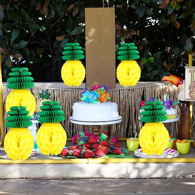 Gyufise 6Pcs Pineapple Honeycomb Centerpieces Tissue Paper Pineapple Table Hanging Decorations for Tropical Luau Hawaiian Jungle Party Supplies Favor