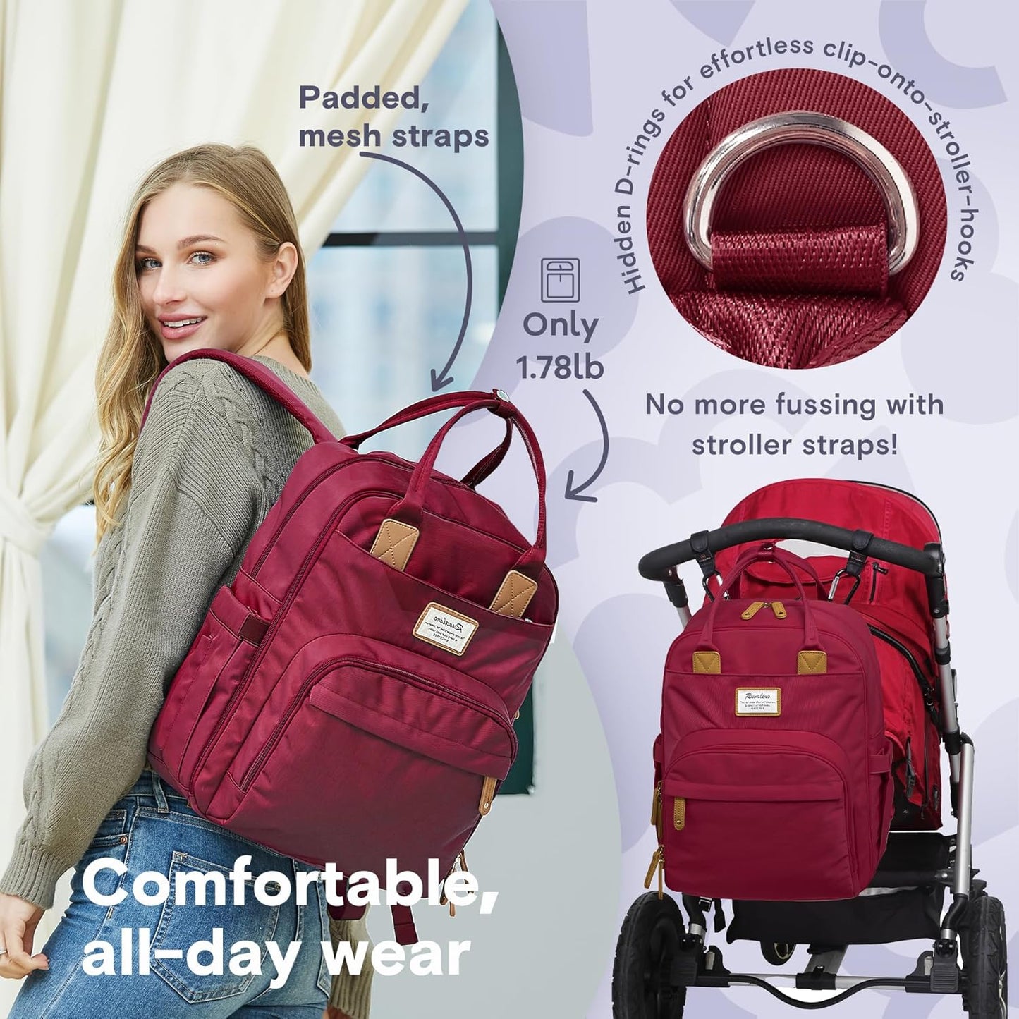 RUVALINO Diaper Bag Backpack, Multifunction Travel Pack Maternity Baby Changing Bags, Large Capacity, Waterproof, Purplish Red