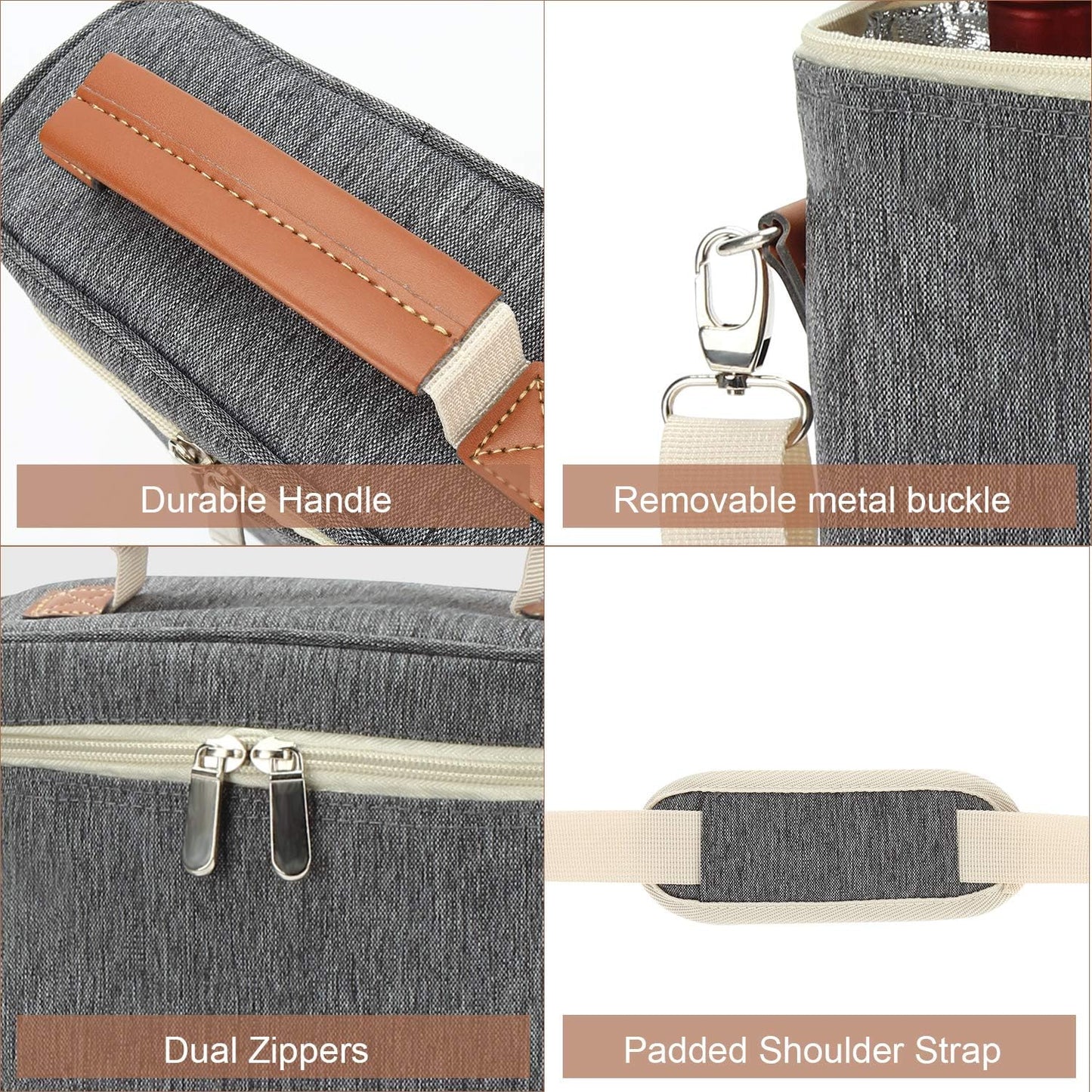 ZORMY 2 Bottle Insulated Wine Tote Bag, Wine Carrier Travel Padded Cooler Bag with Shoulder Strap & Corkscrew Opener, Perfect Wine Lover's Gift, Great for Picnics Grey