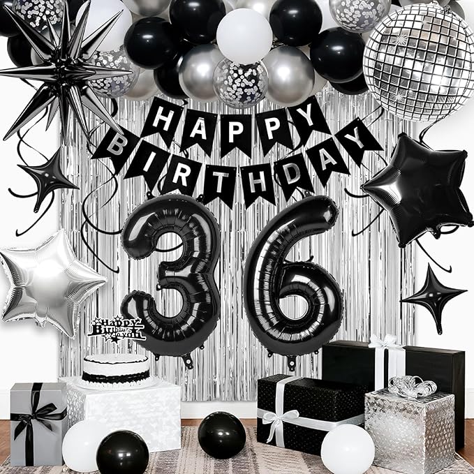 36th Birthday Decorations for Men Women, Black Silver Happy Birthday Party Decorations， 36 Year Old Party Supplies with Number 36 Balloons, Banner, Fringe Curtains Kit