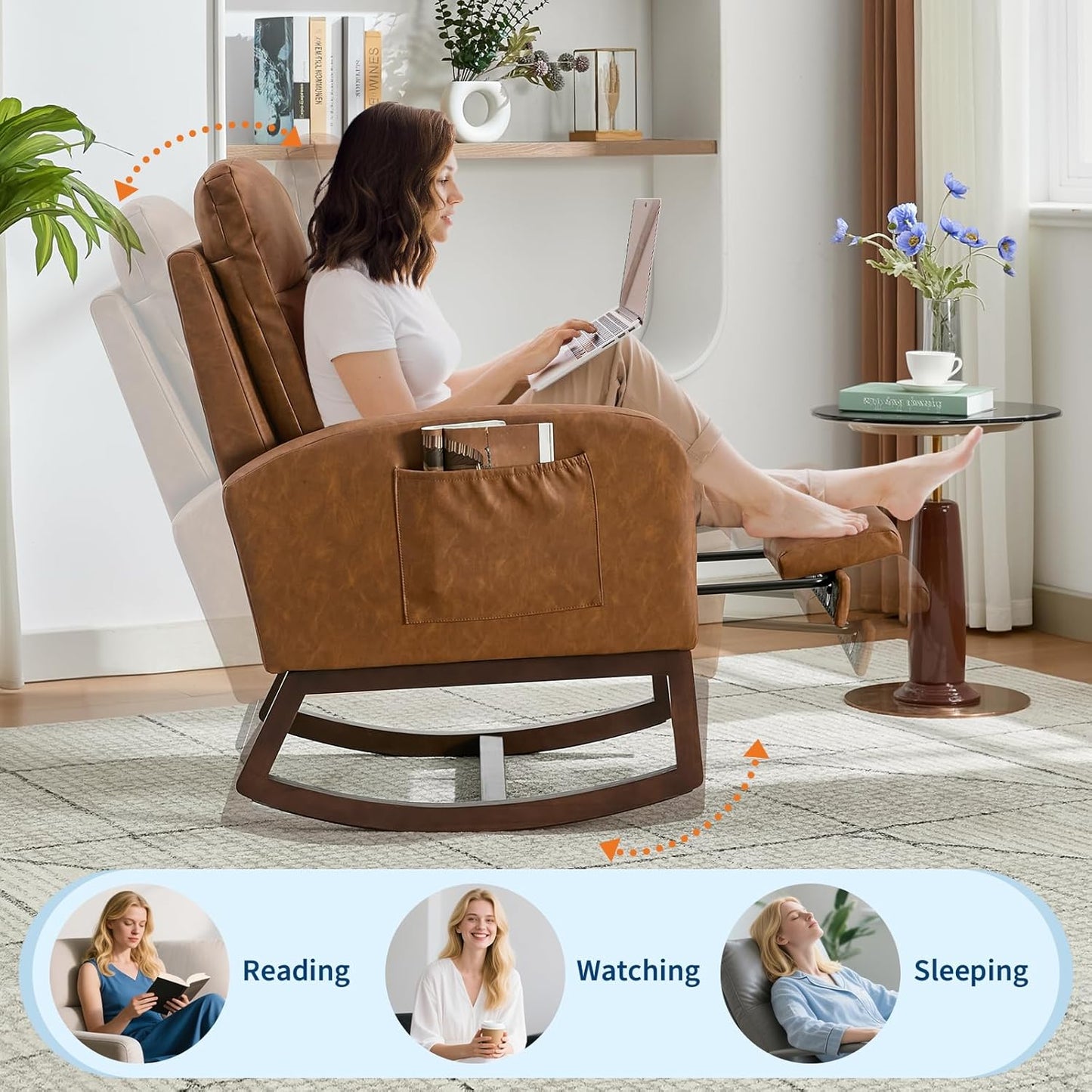 Rocking Chair Nursery with Foot Rest, Modern PU Upholstered Reading Glider Rocker Accent Armchair with High Backrest, Padded Seat, Side Pocket, for LivingRoom, Bedroom, Baby Room, Brown