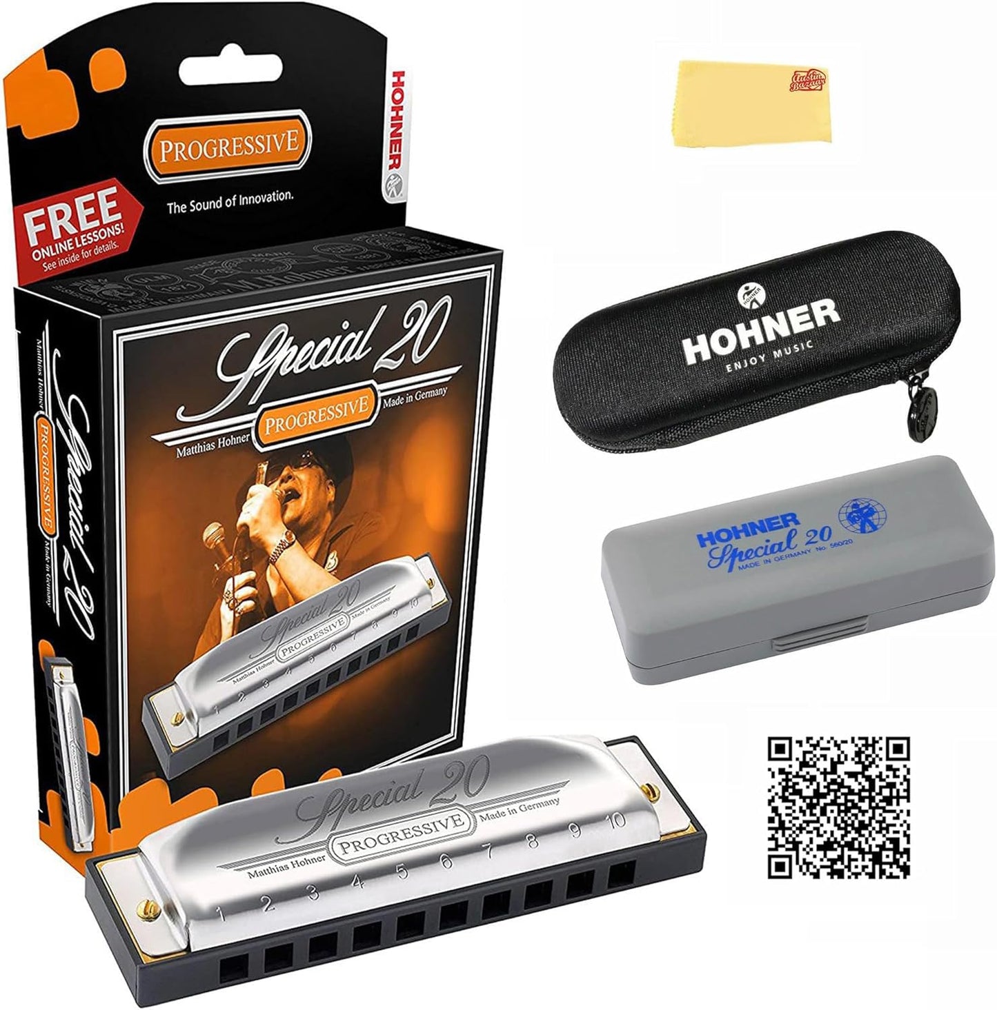 Hohner Special 20 Harmonica - Key of D Bundle with Case, Pouch, Online Manual, and Austin Bazaar Polishing Cloth