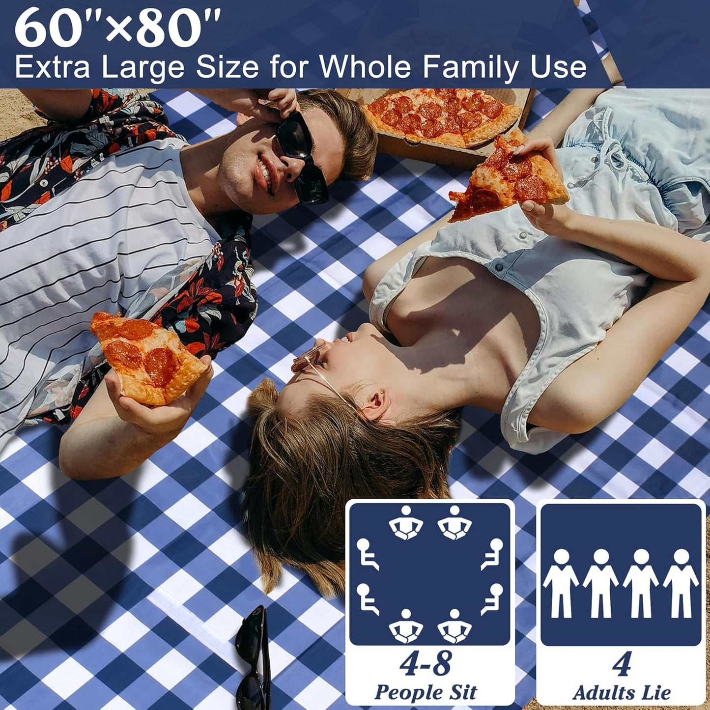 80"x60" Waterproof Sandproof Picnic Mat - Portable Foldable Outdoor Blanket for Beach, Park, Travel & Indoor Use - Lightweight Compact Design, Easy-Carry (Blue&White)