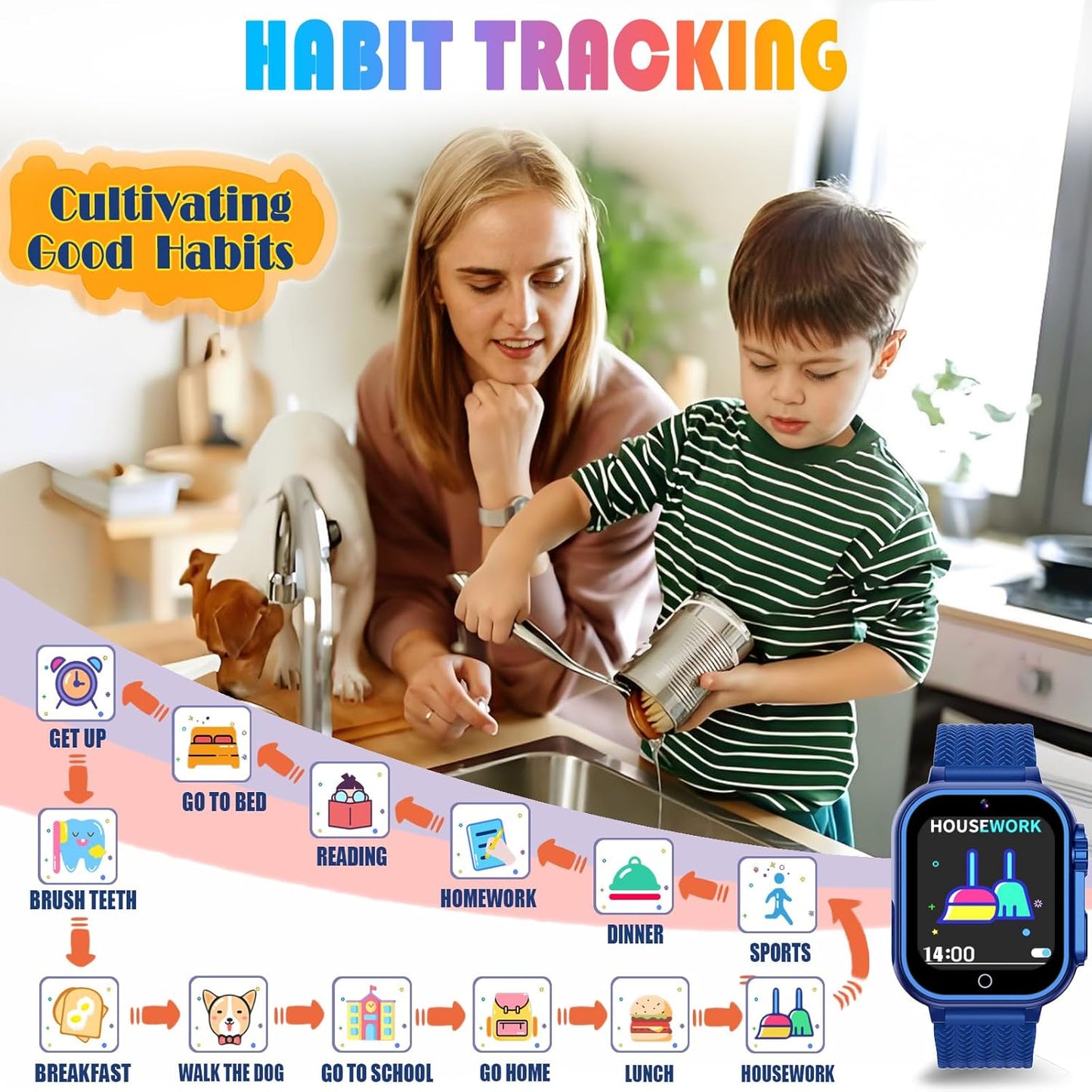 Goodatech Kids Smart Watch for Boys Girls, 1.54'' Smartwatch with 26 Puzzle Games,HD Camera,Video Music Player,Pedometer,Flashlight,Audio Book etc., Aluminum Case and Sport Band (Blue)