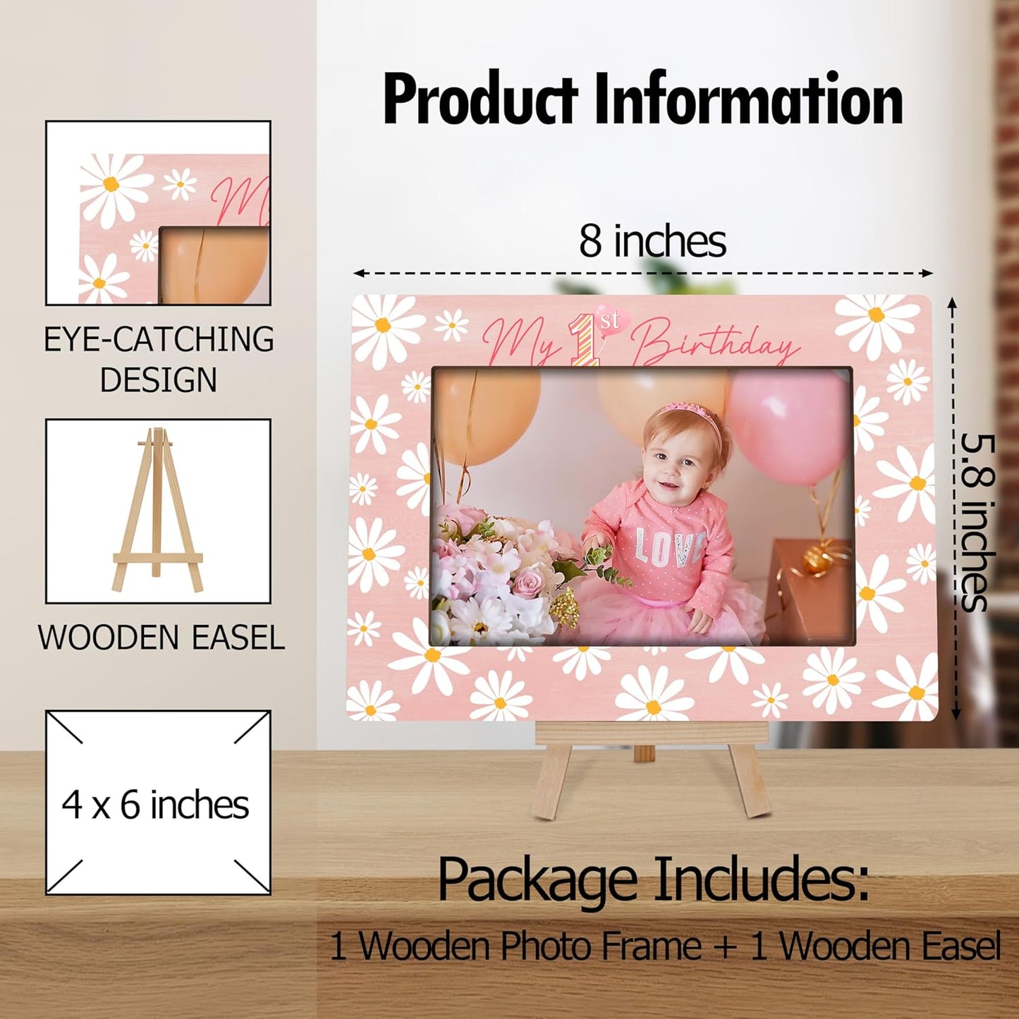 My 1st Birthday Picture Frames, Daisy Wooden 4x6 Photo Frame with Easel, Baby First Year Birthday Gifts for Home Office Tabletop Display Decorations - G01