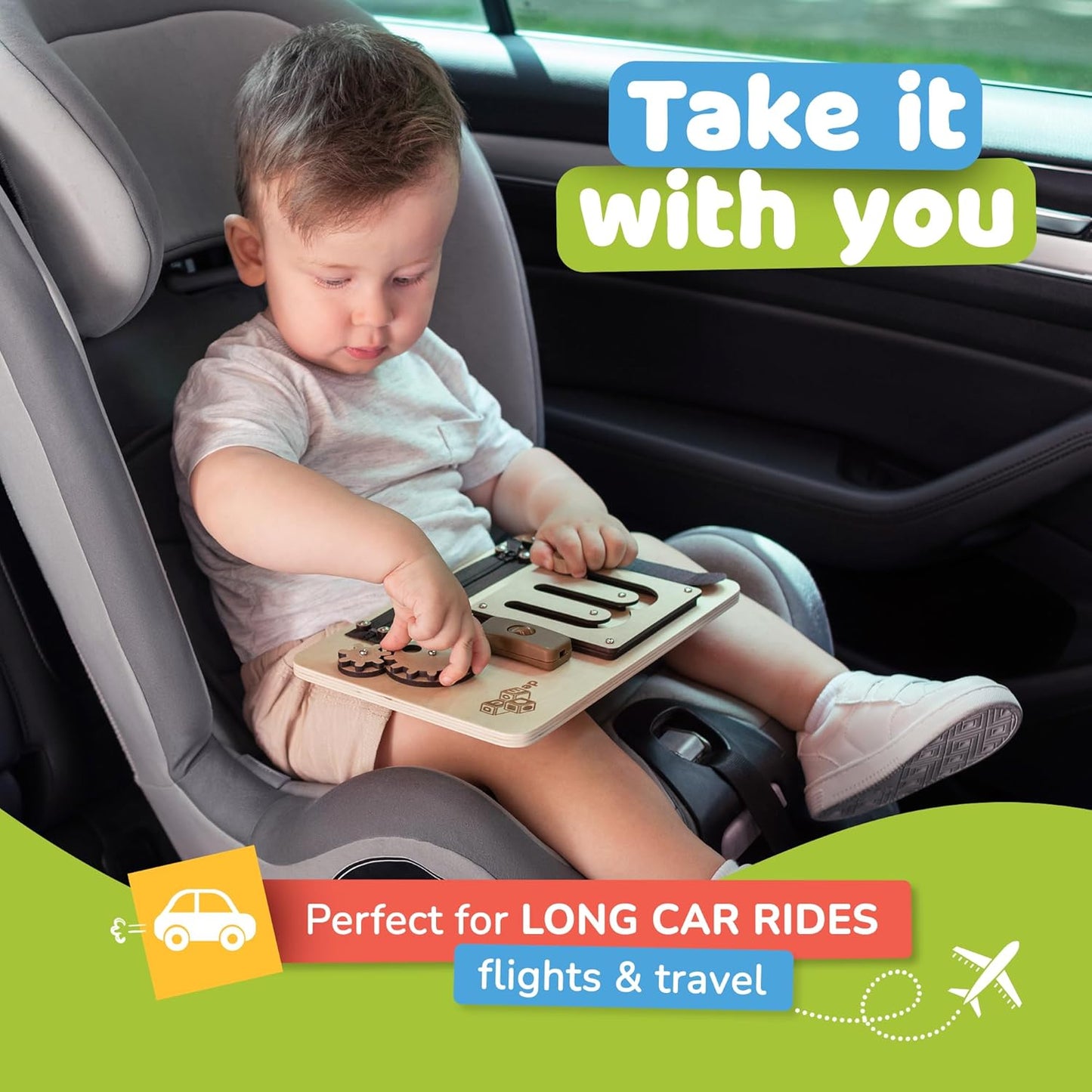 deMoca Baby Busy Board for 1 Year Old, Premium Montessori Toddler Travel Toy with Educational Activities, Sensory Travel Toys for Toddlers 1-3, Wooden Busy Board, Gift for Boy & Girl