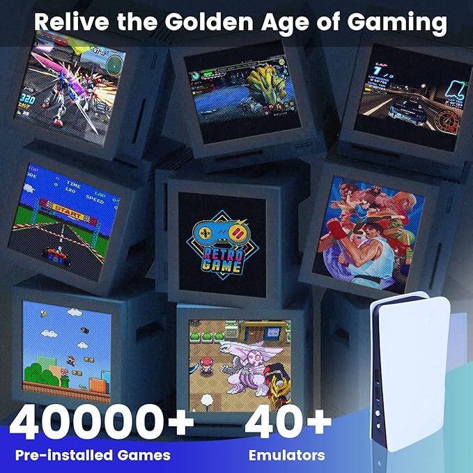 Wireless Emulator Retro Game Console, 4k,40000+ Video Games 128GB Built in 40+Emulators Plug and Play Video Game Console Support HDMI TV Output (Transparent White)