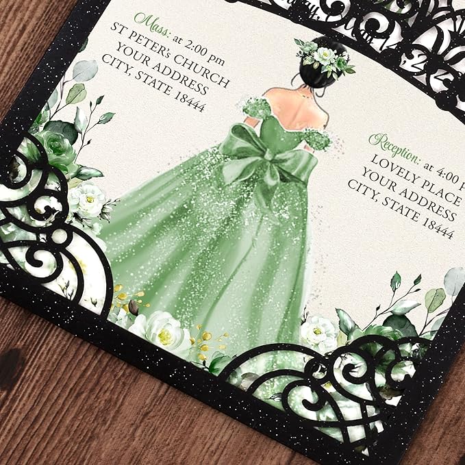 50Pcs Sage Green Crown Invitations for Quinceanera, 15 year, Sweet 16, Miss XV, Birthday Laser Cut Quince Invitation Cards Personalized Pearlized Black
