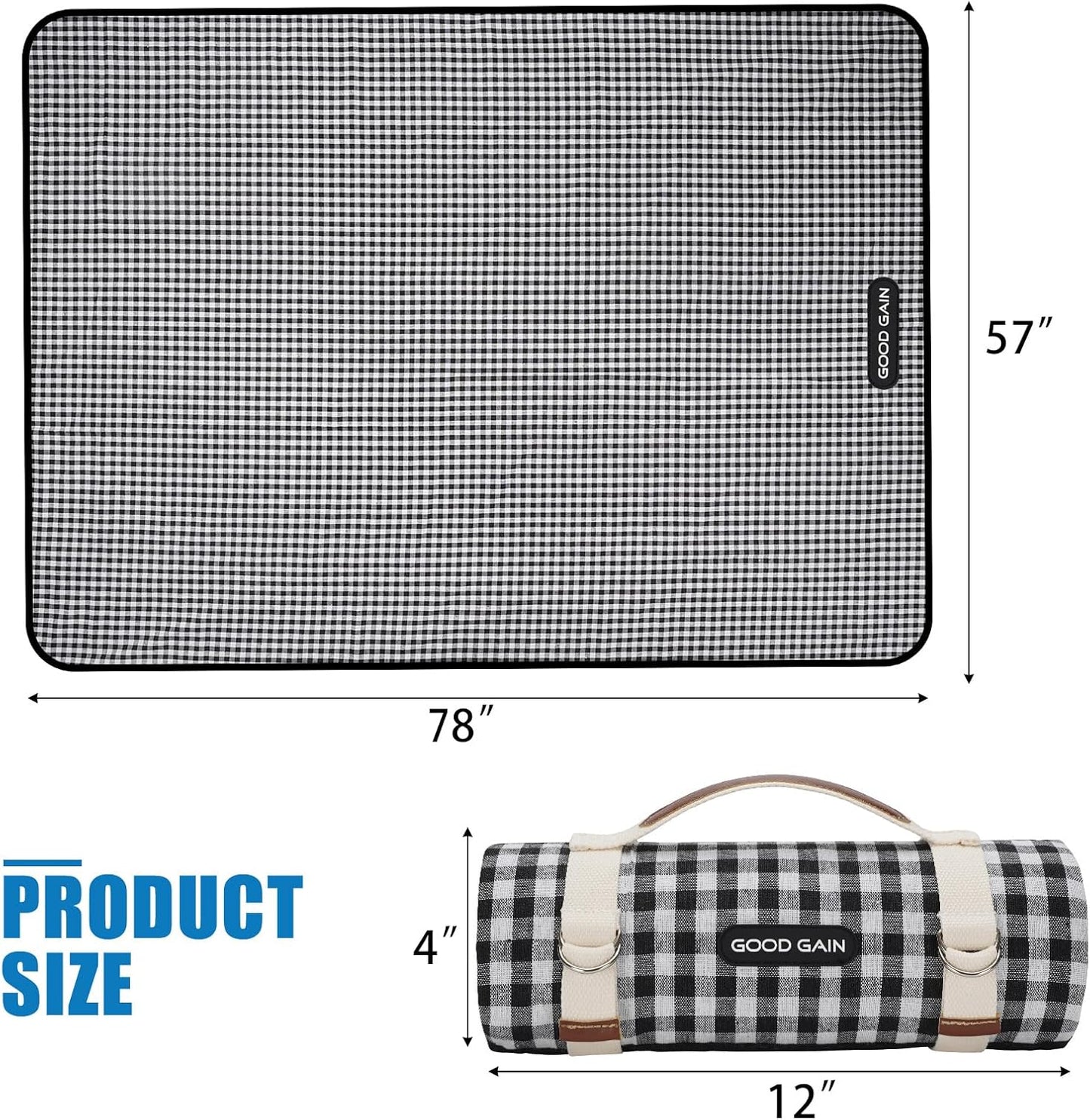 Picnic Outdoor Blankets Waterproof Extra Large - Beach Mat Sand Free Foldable with Carry Strap | Portable Camping Blanket | Park Blanket for Grass Park, Hiking, Travel, Concerts, Indoor (Black)