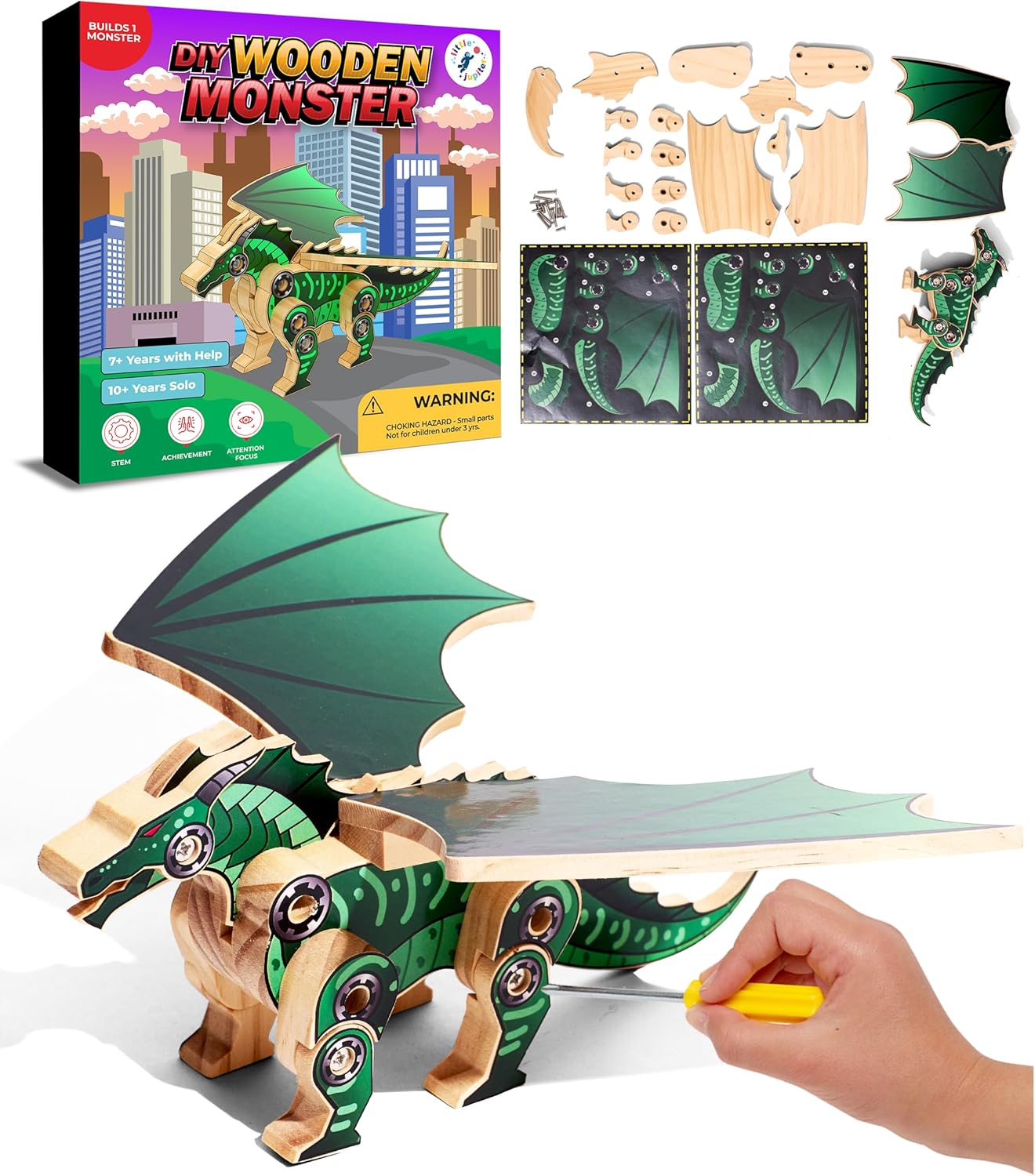 Little Jupiter DIY Wooden Kit with Stickers - Japanese Monster Series for 7-12 Yrs - Woodworking Kits - Wood Crafts - Building Kit - Wooden Crafts (Winged Monster Type 2)