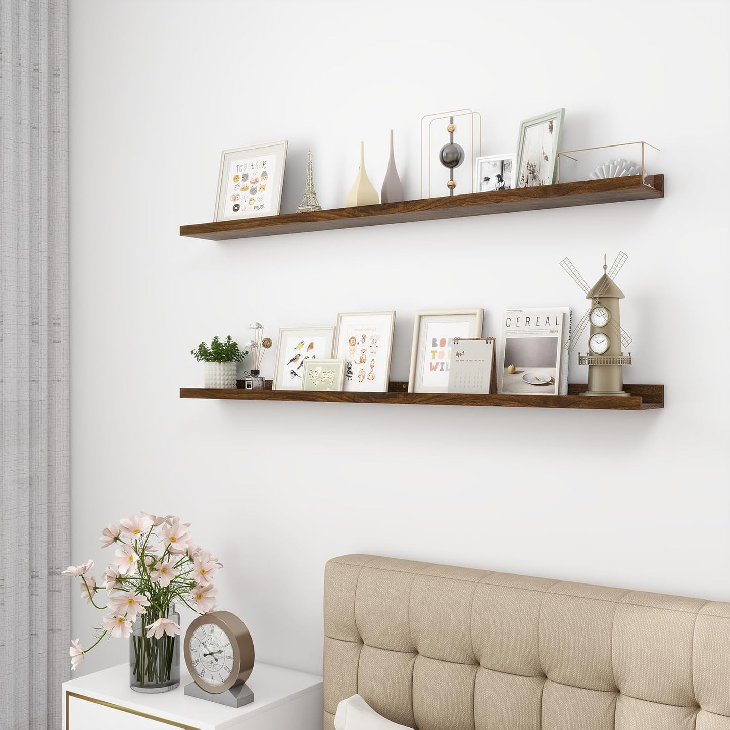 Picture Ledge Shelf, Wood Long Floating Shelves for Wall, Set of 2, 48 inch Picture Ledge Shelves, Photo Ledge Nursery Book Shelves Wall Mounted for Living Room Kids' Room Bedroom, Color Walnut