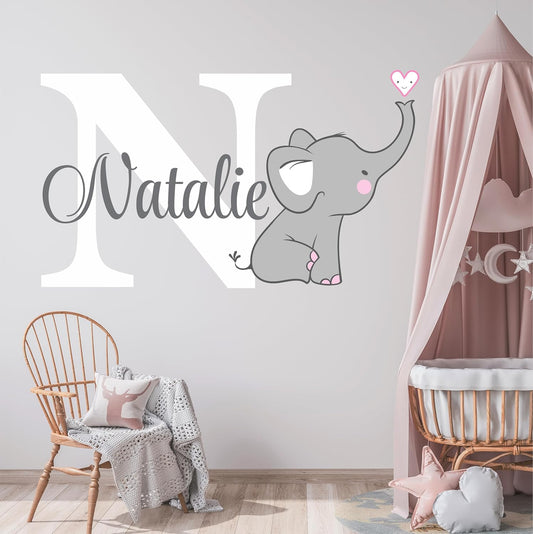 Decor Designs Decals Girls Nursery Baby Grey and Pink Elephant Custom Name Personalized Wall Decal Sticker for Playroom Decor or Baby's Room (Multi-Sizes) (Name with Initial)