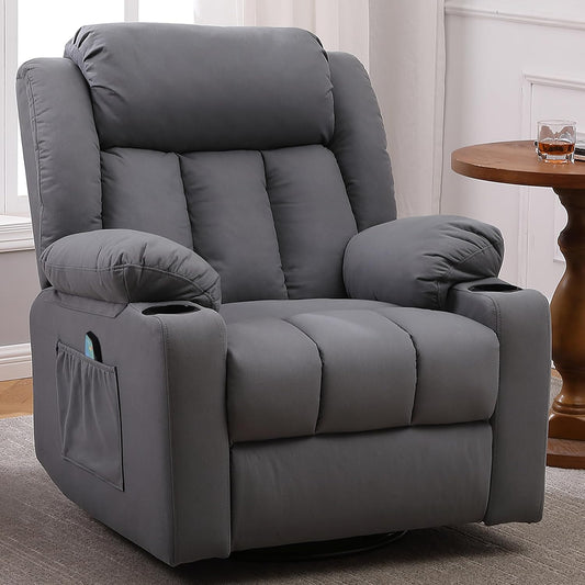 Rocker Swivel Recliner Chair for Adults, Overstuffed Large Manual Recliner Glider with Massage and Heat, Comfy Soft Fabric Living Room Reclining Sofa Chair(Technical Grey)