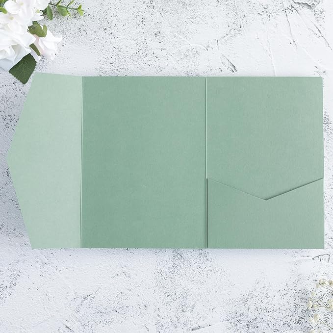 20 PCS Sage Green Tri-fold Laser Cut Wedding Invitation Pockets for 5x7 Wedding Cards Bridal Shower Engagement Quinceanera Invitation