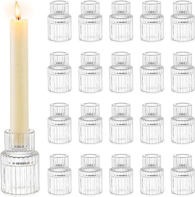 Romadedi Glass Candle Holder for Candlestick - 20 Pcs Clear Small Tapered Candle Holder Wedding Decor Table Centerpiece Bulk for Candle Sticks Christmas Party Living Room Dinner Advent