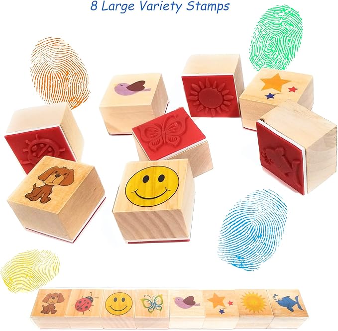 Washable Stamp Pads for Kids Arts and Crafts Jumbo Non-Toxic Ink with Wooden Stamps, Drawing Pad, Marker and Ink Refills