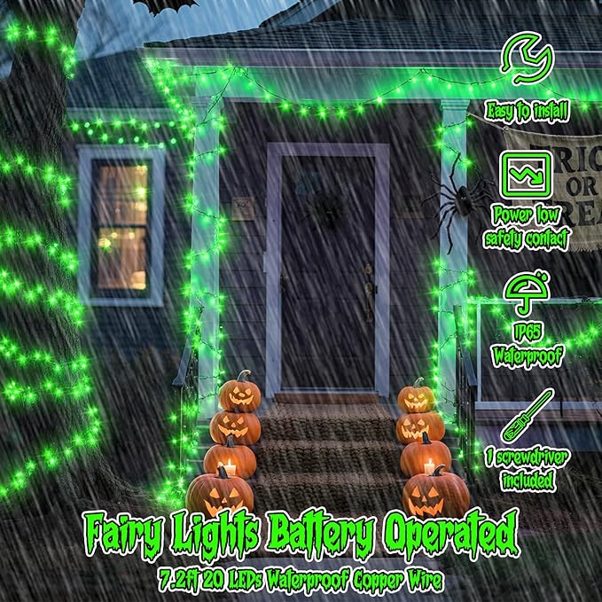 TingMiao Halloween Green Fairy Lights Battery Operate,7.2ft 20 LEDs String Lights Silver Copper Wire for Hallowen Christmas DIY Decoration Wedding Party (6 Pack)