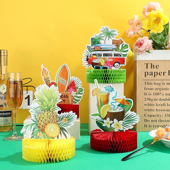 Waydress 9 Pcs Hawaiian Luau Party Decorations Margaritaville Tropical Centerpieces for Tables 6.9 x 8.5 Inches Hawaiian Honeycomb Centerpieces for Luau Summer Themed Tiki Party Supplies