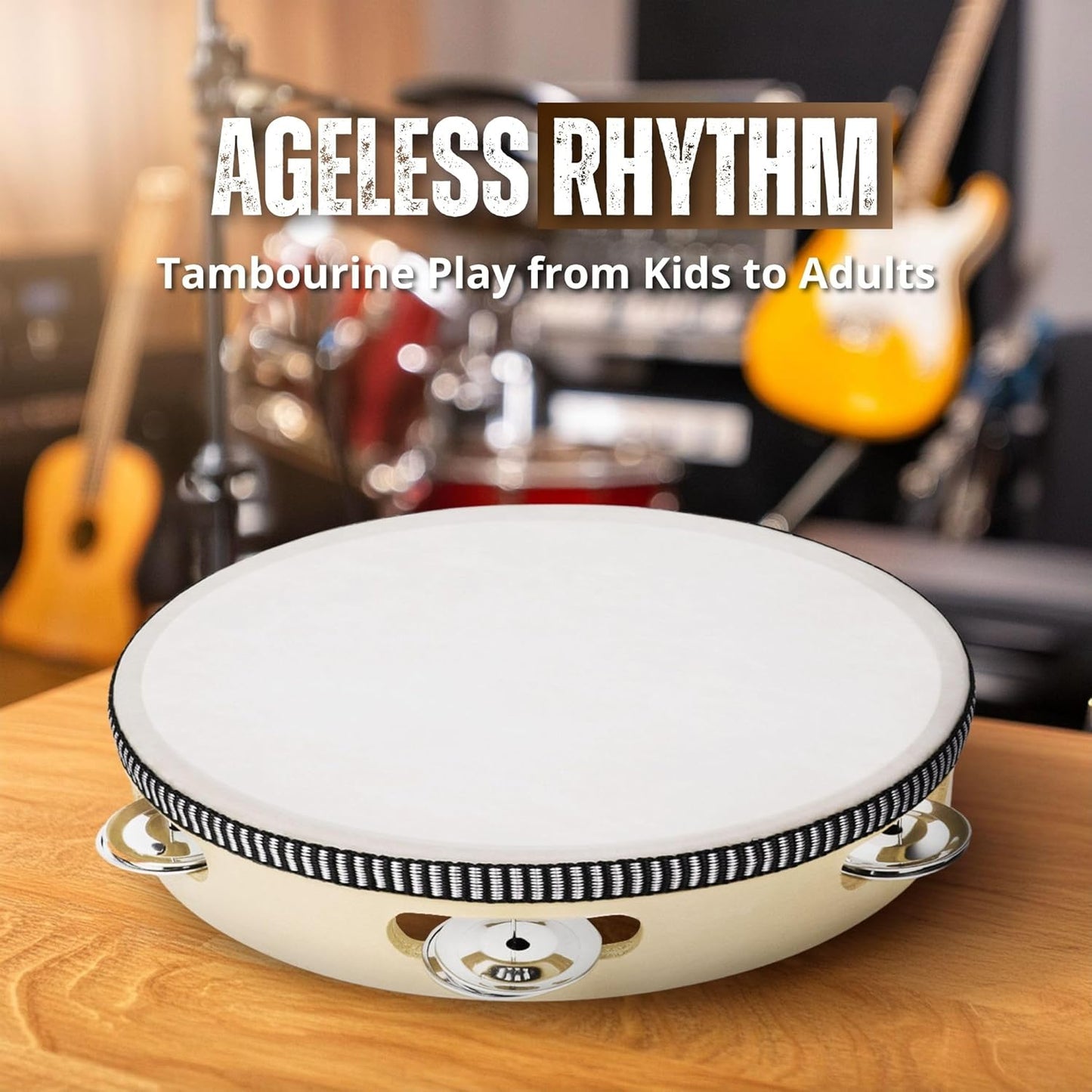 Flexzion Wooden Round Tambourine for Kids and Adults 10" Inch Single Row 8 Pair Jingles, Wood Handheld Percussion Instrument for Beginner and Professional Tambourine Player