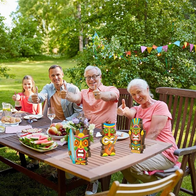 Blulu 3 Pcs Tiki Party Decor Hawaiian Luau Party Decorations Tropical Aloha Wooden Bar Table Sign Colorful Farmhouse Tiki Centerpieces for Table Summer Welcome Housewarming(Classic,7.87 Inch)