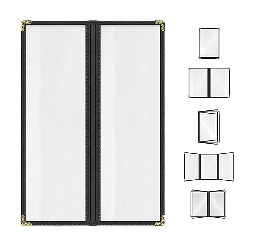 Goodsmart Restaurant Menu Covers - 25 Pack Black 2 Pages / 4 Views 4.25" x 14", Top-Loading Vinyl Menu Holders with Clear Sleeves, Double-Stitched Edge, Leather-Style Café Covers with Gold Corners