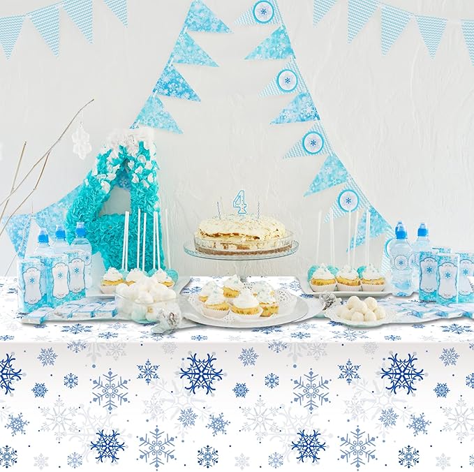 1 Pieces Snowflake Christmas Party Tablecloth Decorations,Plastic White Snowflake White Blue Xmas Backdrop Sign Table Cover Banner for Winter Christmas Holiday Party Supplies,54x108 inch（White/Blue）