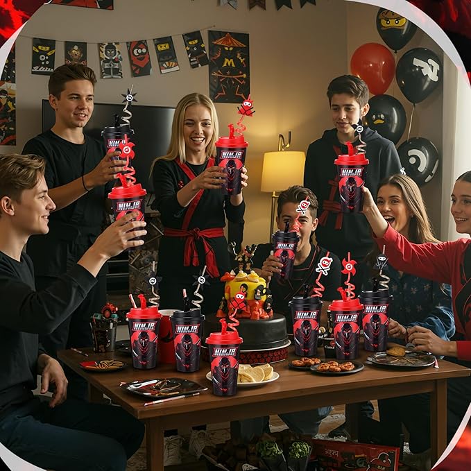 Yungyan 16 Sets Ninja Party Favors Goodie Cups with Lids and Straws for Birthday Decorations Reusable 16oz Plastic Candy Cups Plastic Straws for Birthday Party (Ninja)