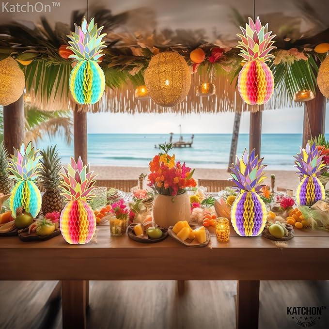 KatchOn Huge Pineapple Centerpiece for Tables - 12 Inch, Pack of 6 | Luau & Hawaiian Party Decorations, Tropical & Beach Decorations