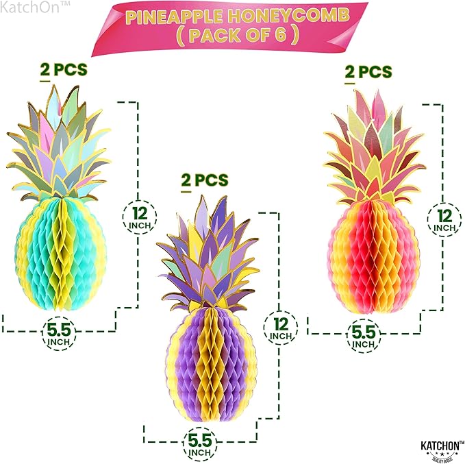 KatchOn Huge Pineapple Centerpiece for Tables - 12 Inch, Pack of 6 | Luau & Hawaiian Party Decorations, Tropical & Beach Decorations