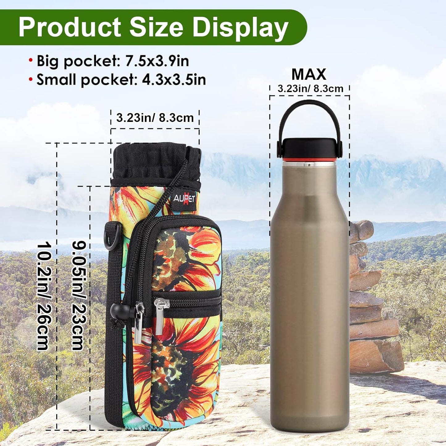 AUPET Water Bottle Sling Bag Sleeve Holder Carrier 25/32/40/64 oz,Insulated Crossbody Water Bottle Case Cover with Strap and Pockets for Men/Women Walking Hiking