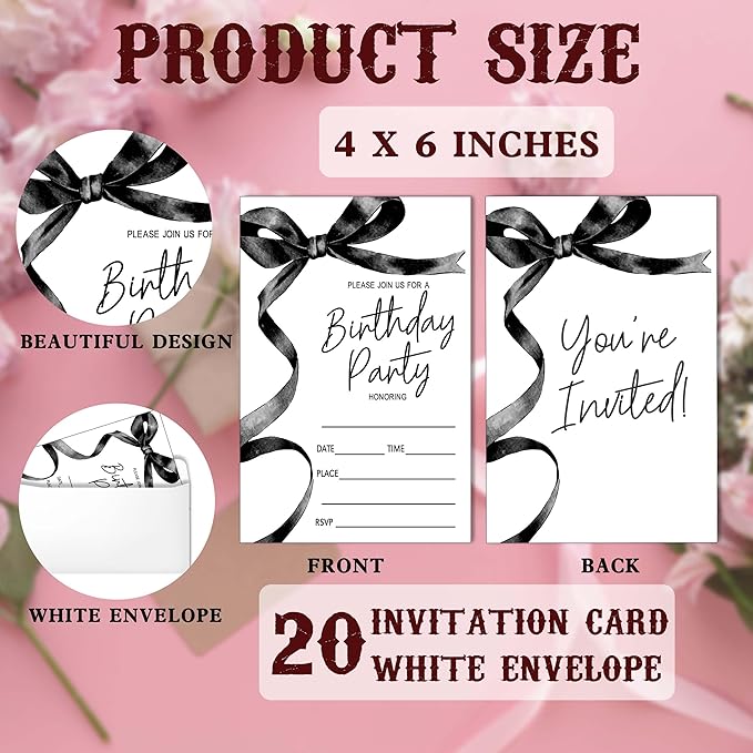 SIXEIGHT Black Bow Birthday Invitations, Black Ribbon Bow Birthday Party Invitations, 20 Party Invitations with Envelopes for Girls Boys, Birthday Party Favor & Decoration (4"x6")-A01