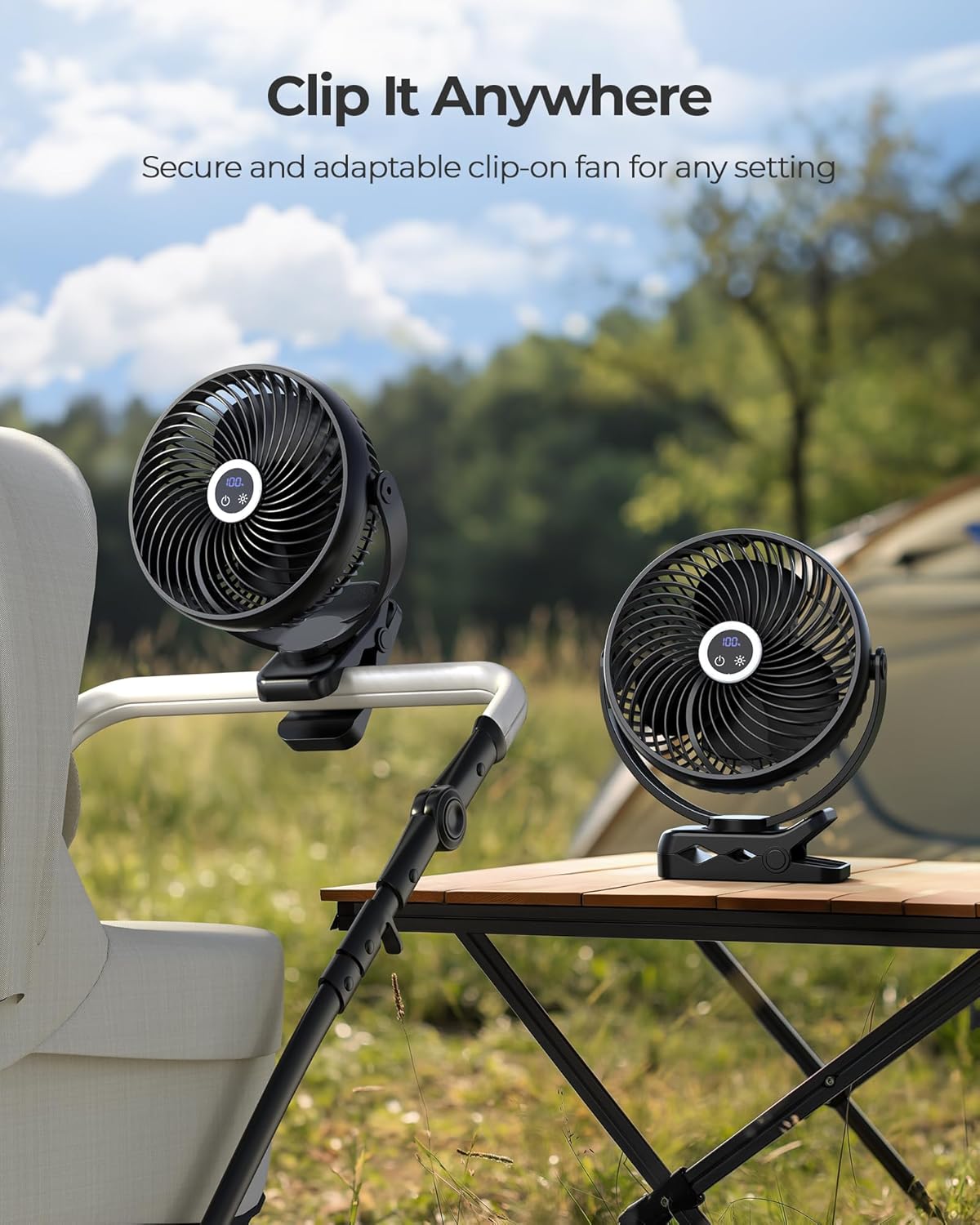 Koonie 10000mAh Portable Clip on Fan with LED Lantern and Hook, 8'' Battery Operated Desk Fan, Quiet Camping Fan with LED Digital Display, 360° Rotation & 3 Speeds for Travel Tent Gym Treadmill