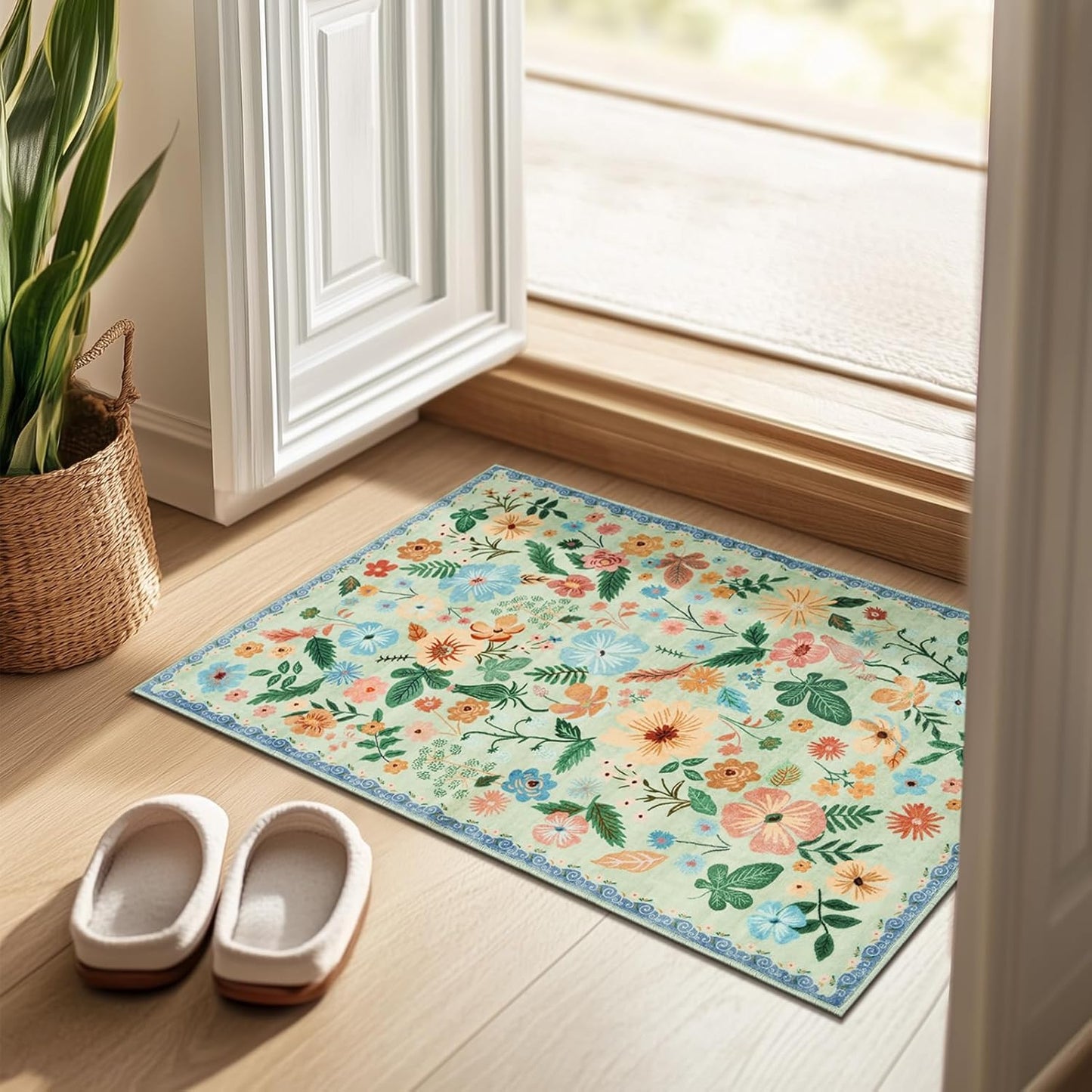 Door Mat Indoor Entrance 2x3 Area Rug Washable Boho Vintage Flower Pattern Non Slip Kitchen Rugs Cute Sage Green Stain Resistant Sound Absorbing Small Carpet Rug for Entryway Kitchen Bedside Bathroom