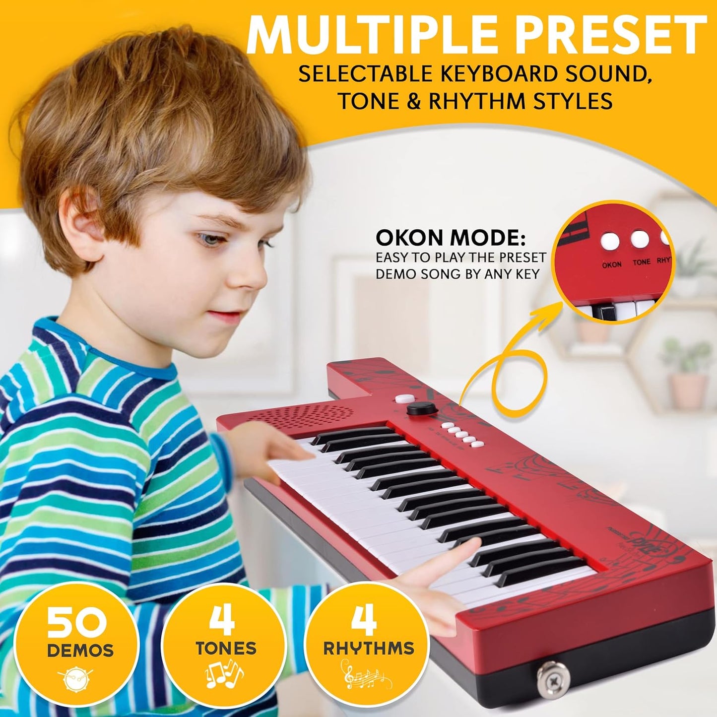 Pyle Digital Musical Keyboard 37 Keys, Electronic Karaoke Keytar with Wired Microphone, 4 Preset Selectable Tones, 4 Audio Rhythms, AUX Input, Rechargeable, Fun for Kids and All Ages
