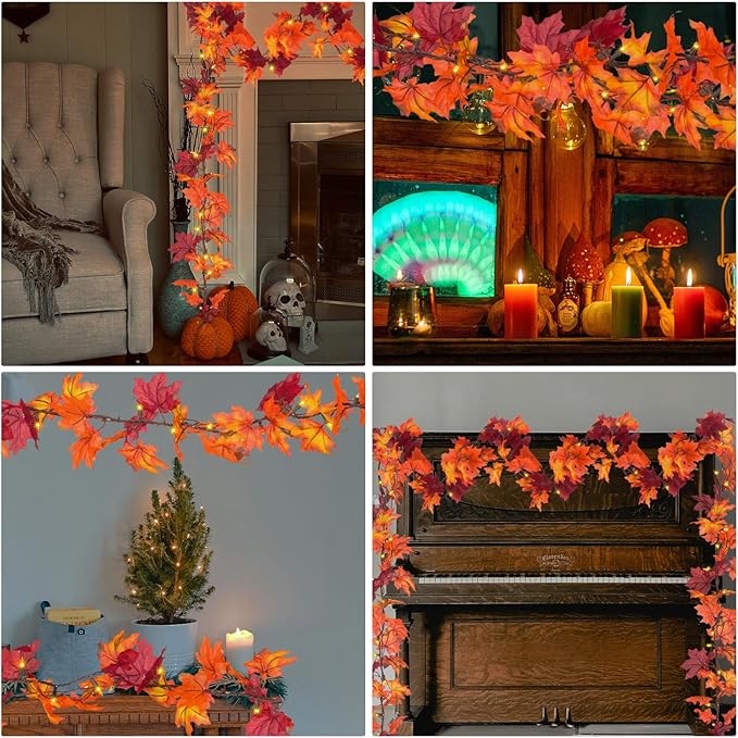 Fall Decor Thanksgiving Decorations for Home Lighted Fall Leaves String Lights, 11FT Thanksgiving Lighted Fall Leaf Garland Lights, 50 Orange Bulbs Lighted Fall Garland with Lights Plug in Outdoor