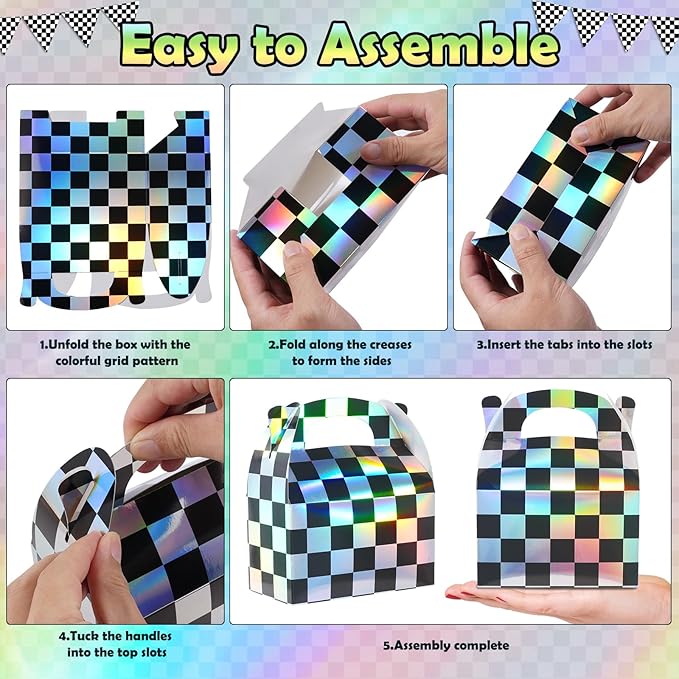 24 Pcs Iridescent Checkered Race Car Party Favor Gable Boxes, Paper Black and Iridescent Car Goodie Treat Boxes, Racecar Laser Plaid Gift Box for Kids Fast Race Cars Birthday Party Decorations