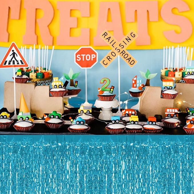 4P Wavy Metallic Tinsel Foil Fringe Table Skirts for Rectangle Tables Backdrop Garland Curtains for Parade Floats Wedding Birthday Parties Decoration Graduation 2025 Christmas (Lake Blue)