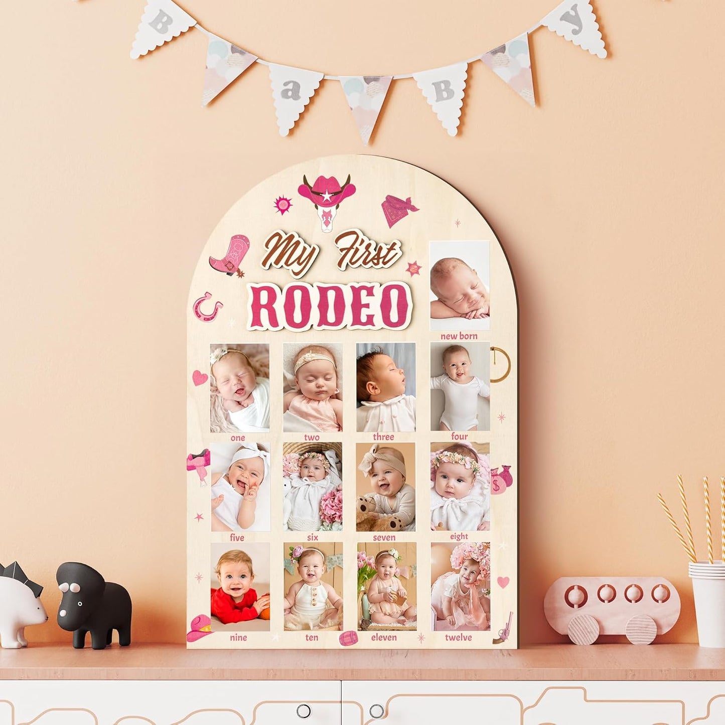 R HORSE My First Year Photo Frame Board, 3D Western Cowgirl Birthday Decorations Display Wood Board, Baby First Year Picture Frame 12 Months Milestone 1st Birthday Nursery Decor Gift for Girl