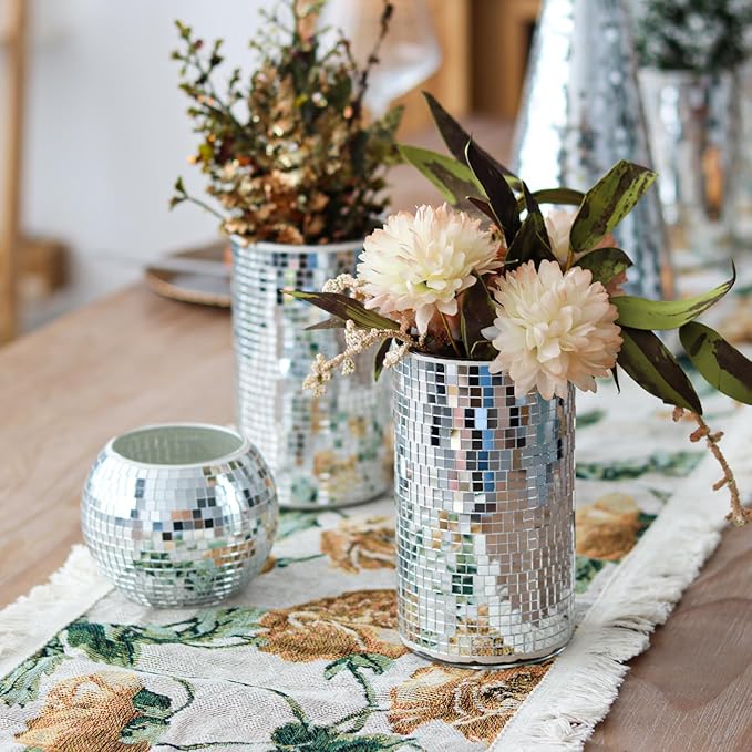 WDHODEC 6 Pcs Disco Vases Bulk Silver Mirror Disco Ball Flower Vase Glass Candle Holder for Wedding Table Centerpieces Decoration 6"