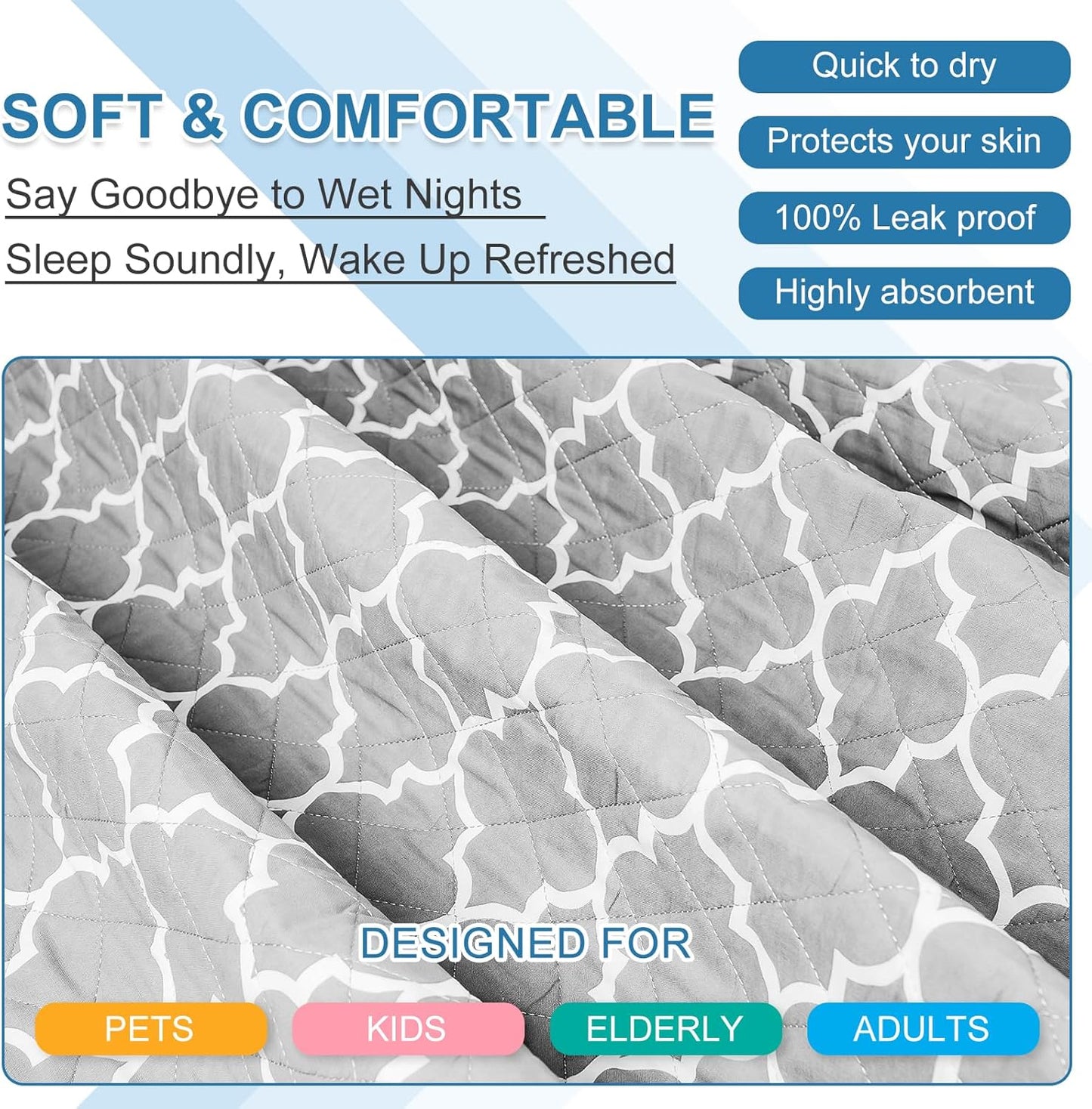 OUTCREATOR® Washable Bed Pads 18" x 24" (Pack of 3), Incontinence Mattress Protector, Anti-Slip Waterproof Underpads for Adults Kids Elderly Pets, Absorbency & Reusable Bedwetting Pads (Gray)