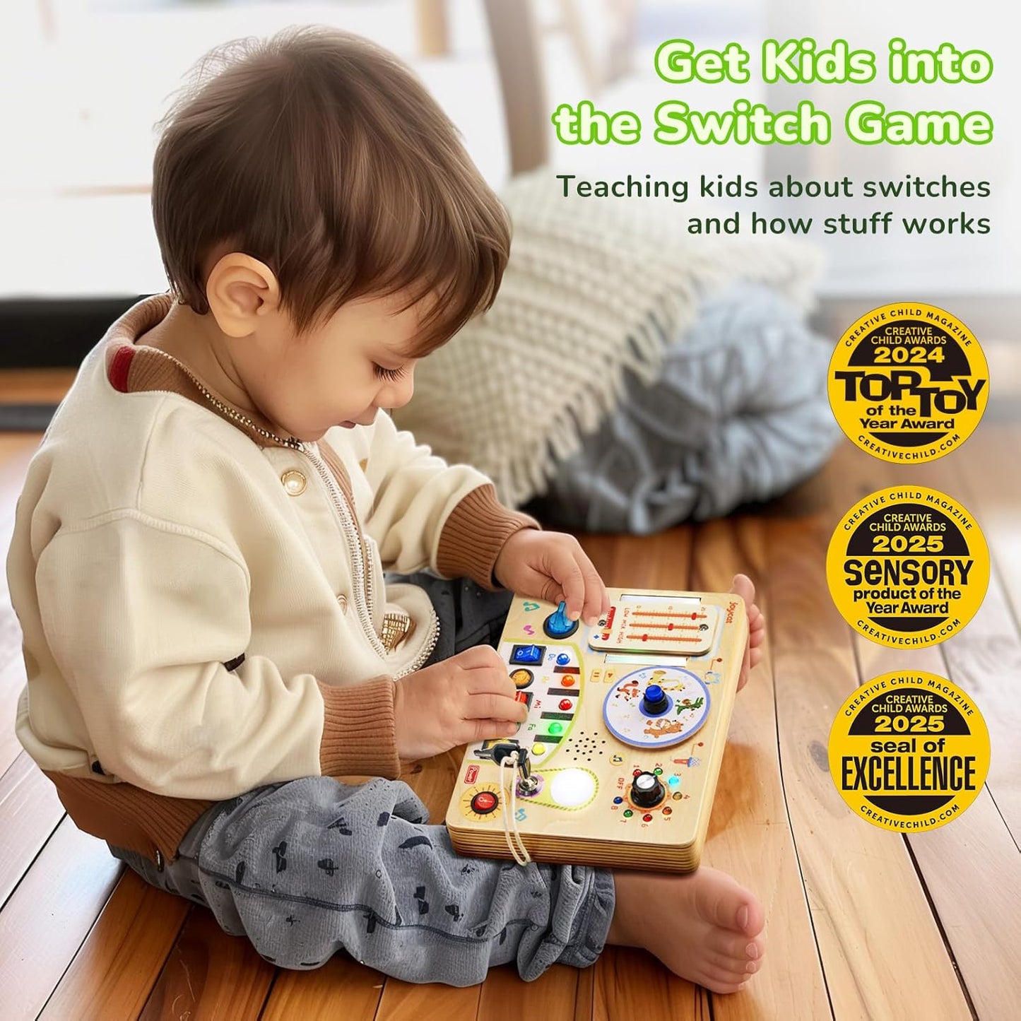 JoyCat Busy Board with Led Light, Toddler Toys for 1 2 3 4 Year Old Boys and Girls, Wooden Sensory Toys with Music, Travel Toy for Toddlers 1-3, Birthday Presents (Yellow)