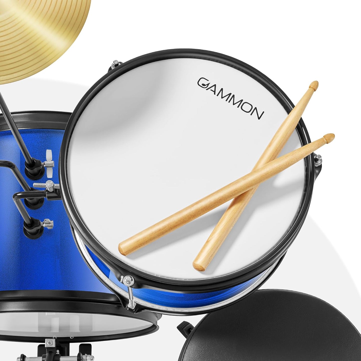 Gammon 3-Piece Junior Drum Set with Throne - Blue, Complete Beginner Kit with Bass Drum, Toms, Cymbal, Pedal, and Drumsticks