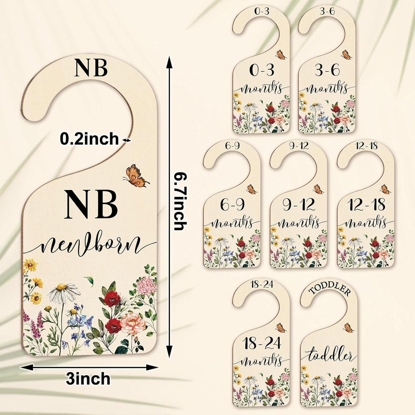 Whaline 8Pcs Vintage Wildflower Hanging Wood Baby Closet Size Dividers and Organizer - Newborn to 24 Months - Thicken Wardrobe Organizer for Home Nursery