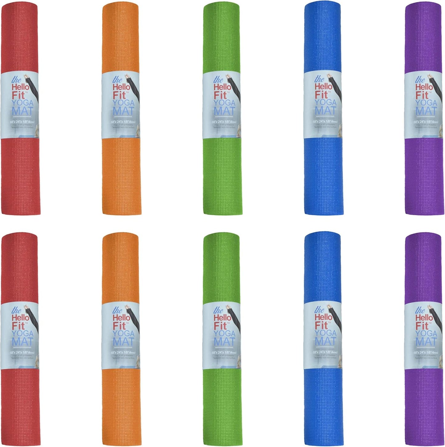 Hello Fit 10-Pack Yoga Mat, 68" x 24" Non Slip Exercise Mat, 4mm Thick Gym Mat for Fitness and Stretching, Bulk Non Toxic Yoga Mats for Schools and Studios