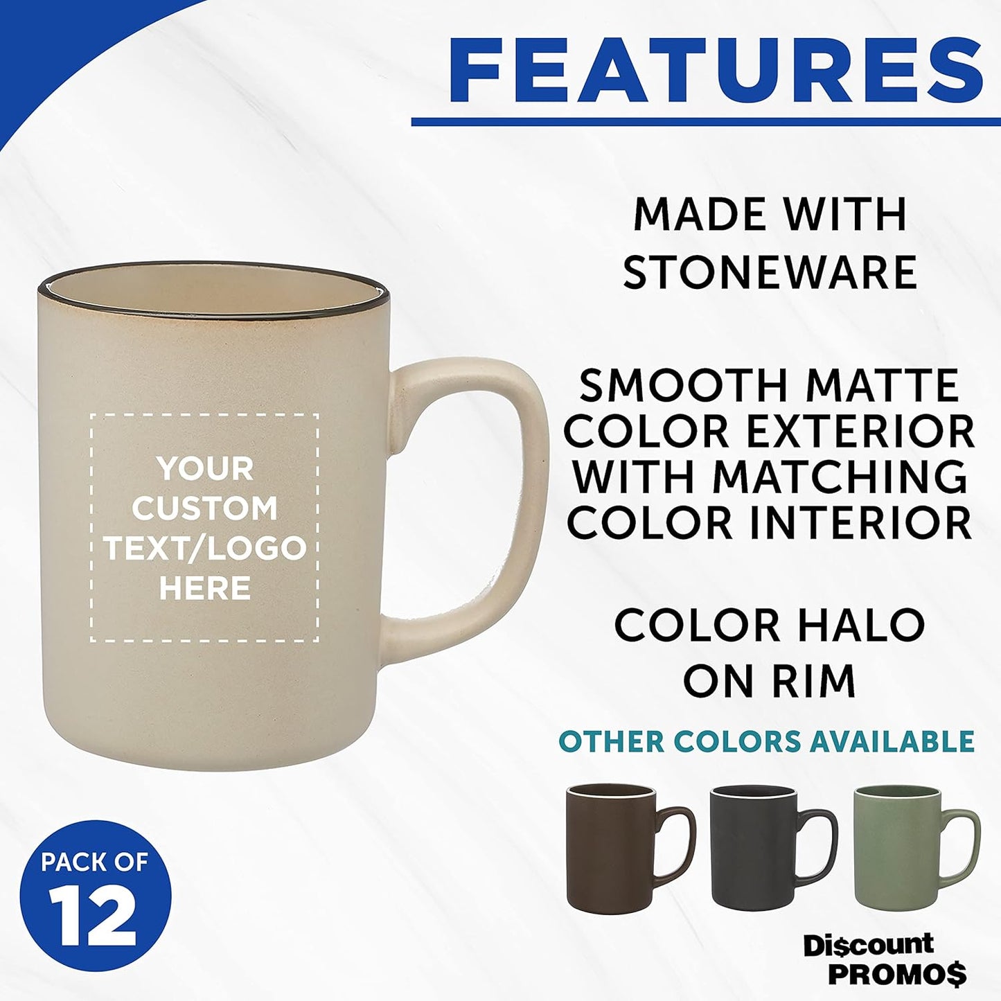 Custom El Grande Matte Ceramic Mugs 20 oz. Set of 12, Personalized Bulk Pack - Perfect for Tea, Espresso, Cappuccino, Hot Cocoa - Beige