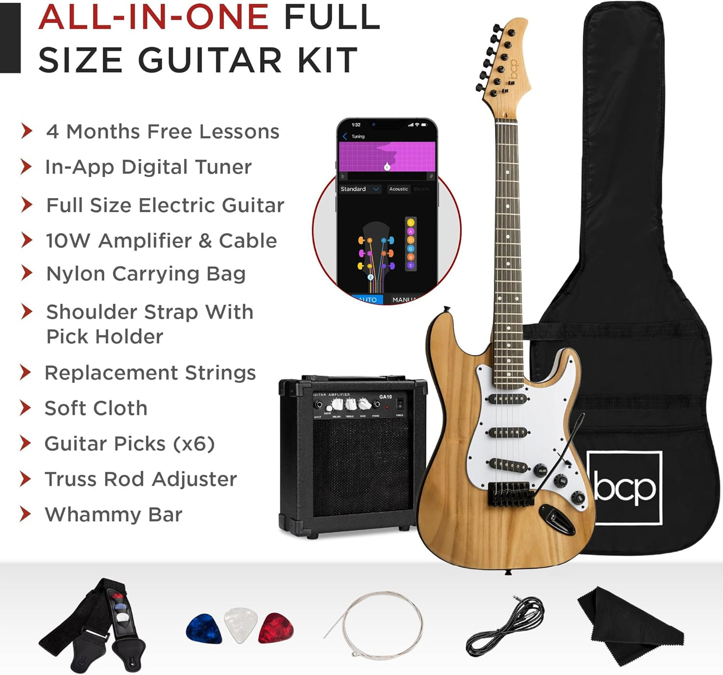 Best Choice Products 39in Full Size Beginner Electric Guitar Starter Kit w/Case, Strap, 10W Amp, Strings, Pick, Tremolo Bar - Natural