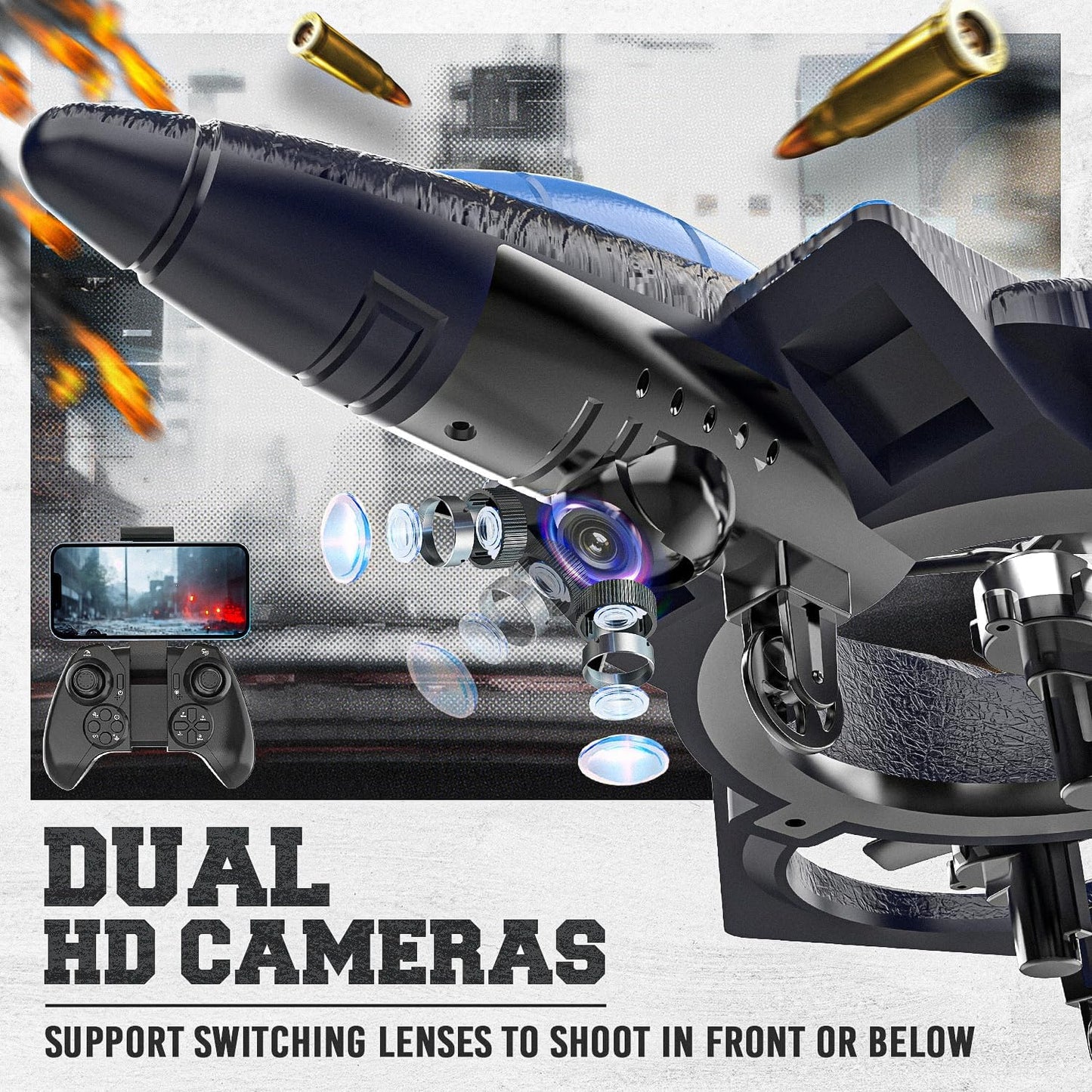 BEZGAR RC Plane for Kids | 2.4GHZ Brushless Drones with Camera, 6-axis Gyro Remote Control Airplane, 360° Flip Fighter Jet Toy, Toys for ages 8-13 with Colorful LED Navigation Lights Blue