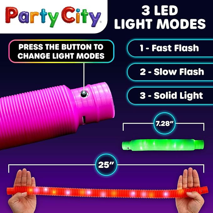 Party City 24pk LED Light Up Pop Tubes 25”- 3 Mode Stretchy Tubes LED Light Up Toys Bulk Glow Sticks Party Favors for Kids Necklaces Bracelets Neon Glow in the Dark Supplies Fidget Sensory Tube Pack