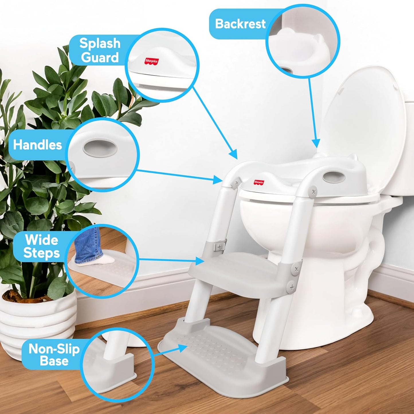 Fisher-Price™ Potty Training Seat with Step Stool Ladder, 2-in-1 Potty Training Toilet for Toddlers with Splash Guard, Anti-Slip Pads, Cushioned Seat (Gray)