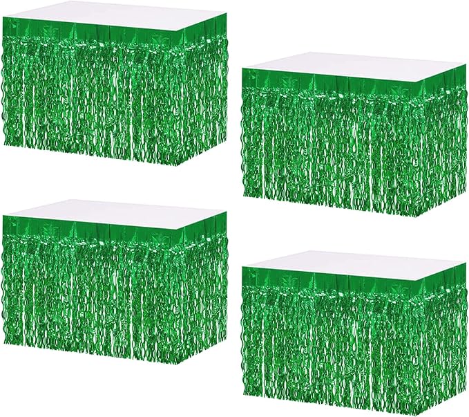 4P Wavy Metallic Tinsel Foil Fringe Table Skirts for Rectangle Tables Backdrop Garland Curtains for Parade Floats Wedding Birthday Parties Decoration Graduation 2025 Christmas (Green)
